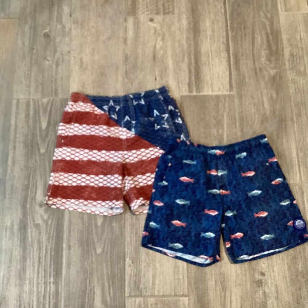 AFTCO 2 Youth Boys Medium (10-12) Swim Trunks Patriotic And Fish Elastic Waist